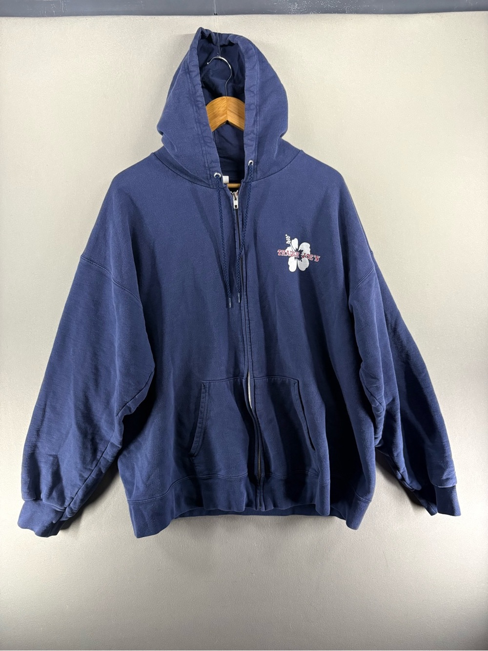 Trader Joes Full Zip Hoodie Jacket Navy Blue Hibiscus Flower Employee XL? Y2K
